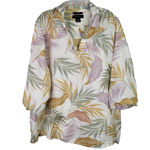 Tahari Shirt 100% Linen 3/4 Sleeve Popover Top Plus Women’s 2X Tropical Print - Picture 2 of 9